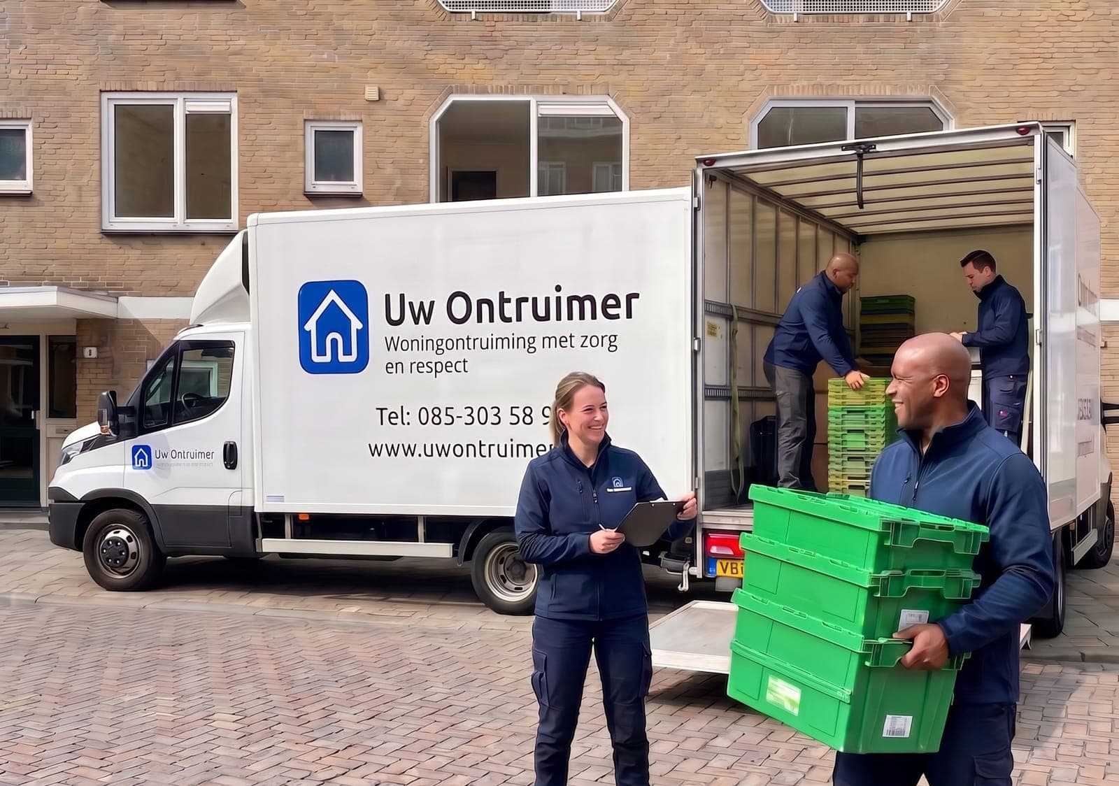 Medewerkers van Uw Ontruimer laden verhuisdozen in de bedrijfsbus tijdens een woningontruiming in Zoetermeer